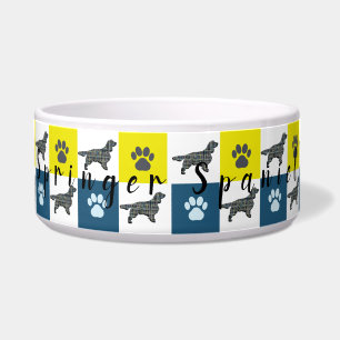 Springer Spaniel Dog & Paw Yellow & Blue Grid Bowl