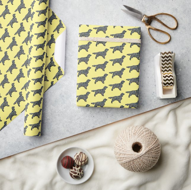 Springer Spaniel Dog Silhouette Y&B Grid Yellow Wrapping Paper (Crafts)