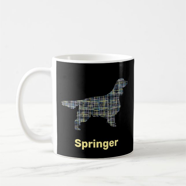 Springer Spaniel Dog Silhouette Yellow &Black Grid Coffee Mug (Left)
