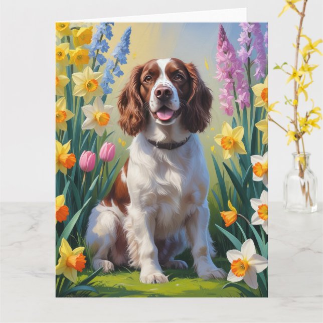 Springer Spaniel Dog Spring Flowers Painting  Card (Yellow Flower)