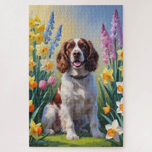 Springer Spaniel Dog Spring Flowers Painting  Jigsaw Puzzle (Vertical)