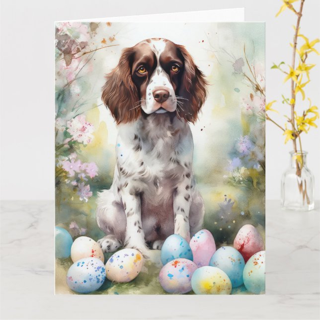 Springer Spaniel Dog with Easter Eggs Holiday Card (Yellow Flower)