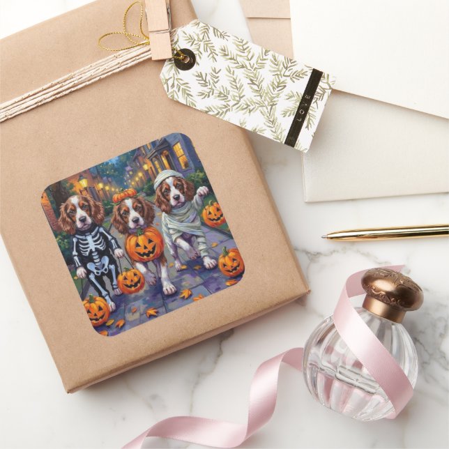 Springer Spaniel Dogs In Halloween Costumes Square Sticker (Gifting)