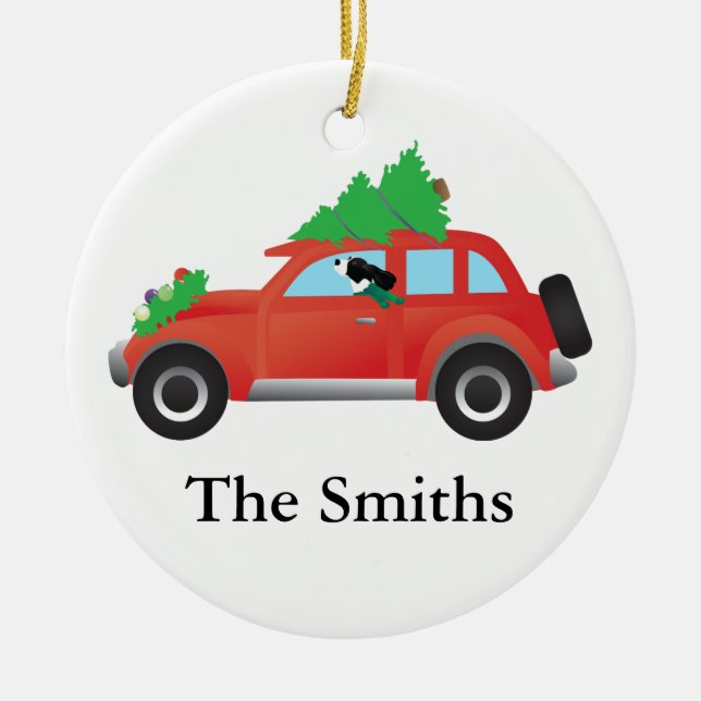 Springer Spaniel driving car with Christmas tree Ceramic Tree Decoration (Front)