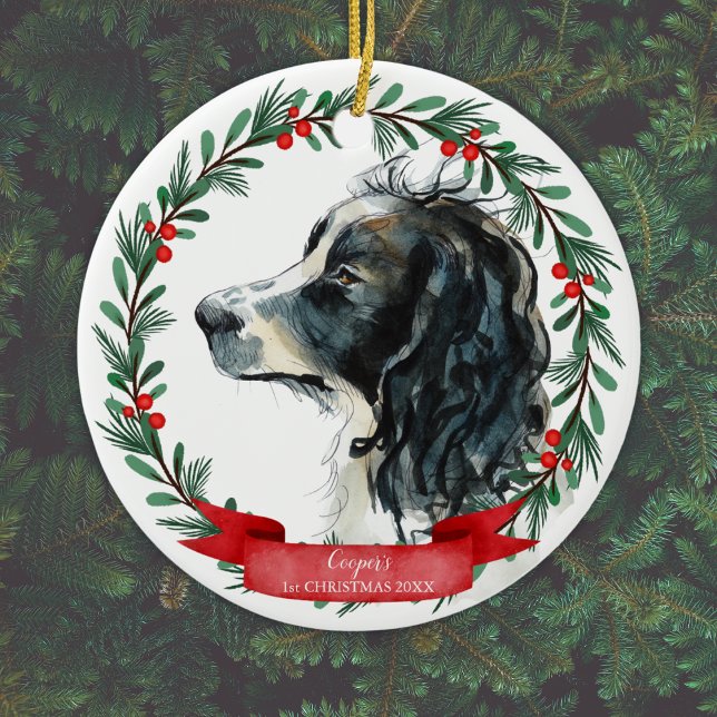 Springer Spaniel First Christmas Watercolor Wreath Ceramic Tree Decoration (Personalize by adding Dog's name & Year, or add different text, or delete if not required.)