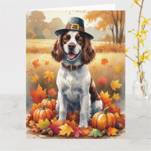 Springer Spaniel In Autumn Leaves Thanksgiving Art Card