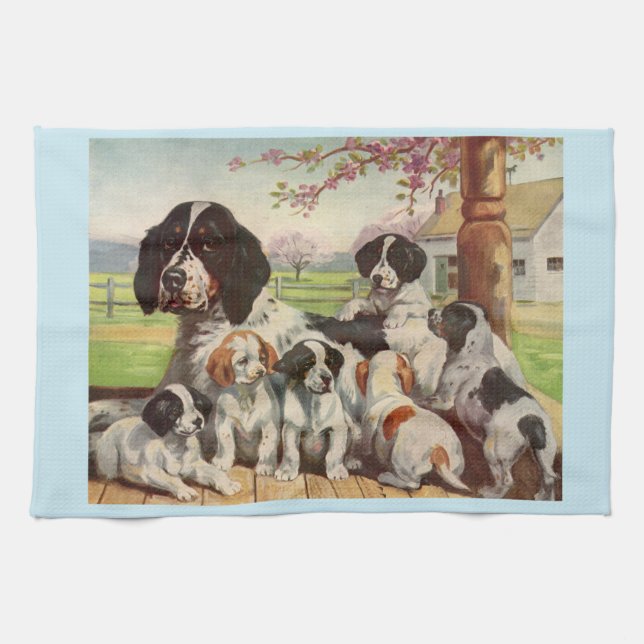 springer spaniel mum and puppies tea towel (Horizontal)