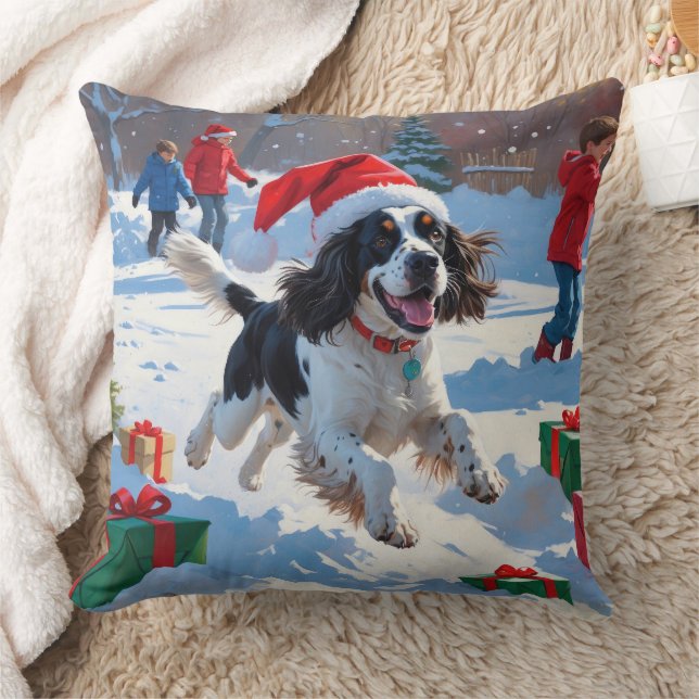 Springer Spaniel Running Snow with Christmas Hat Cushion (Blanket)