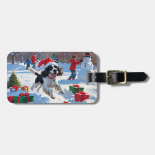 Springer Spaniel Running Snow with Christmas Hat Luggage Tag