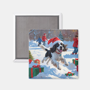 Springer Spaniel Running Snow with Christmas Hat Magnet