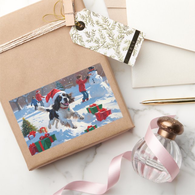 Springer Spaniel Running Snow with Christmas Hat Rectangular Sticker (Gifting)