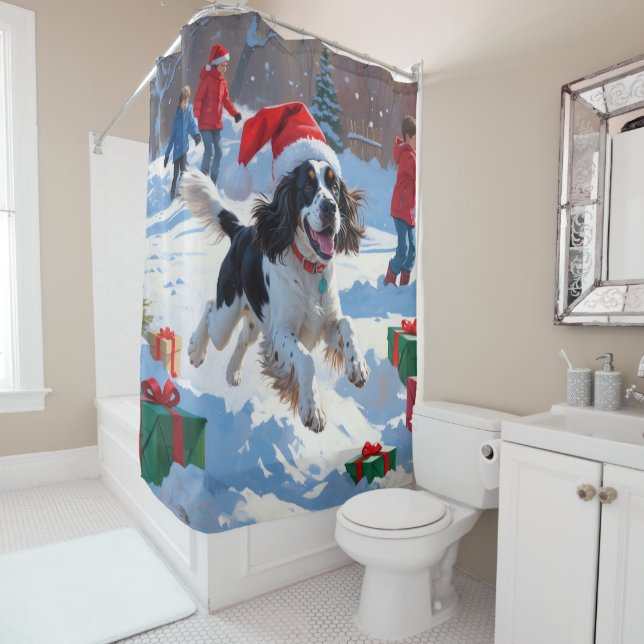 Springer Spaniel Running Snow with Christmas Hat Shower Curtain (In Situ)