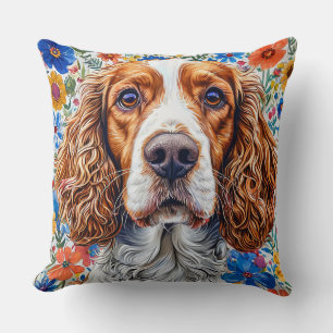 Springer Spaniel With Colourful Floral Background Cushion