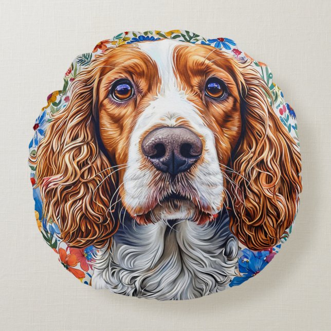 Springer Spaniel With Colourful Floral Background Round Cushion (Front)