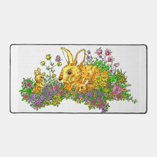 Springtime Bunnies in a Field of Flowers Desk Mat