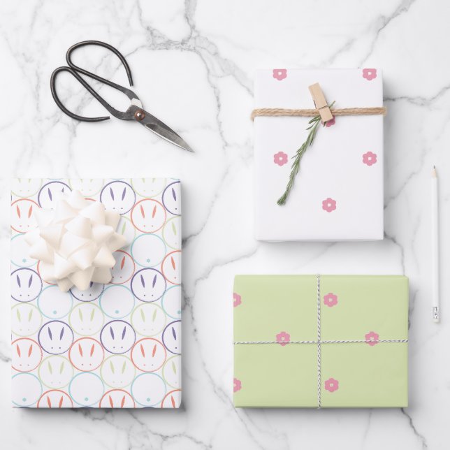 Springtime Bunnies - Pastel, Cherry Blossom, Mint Wrapping Paper Sheet (Front)