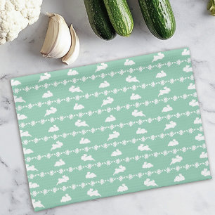 Springtime Bunny Daisies Cute Pattern White Green Tea Towel