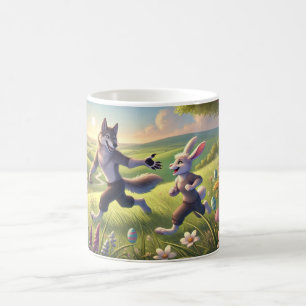 Springtime Chase – Playful Wolf and Rabbit Easter Coffee Mug