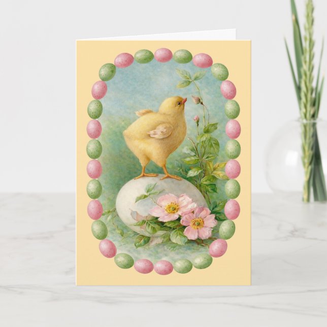 Springtime Chick with Pastel Egg Border Card (Front)
