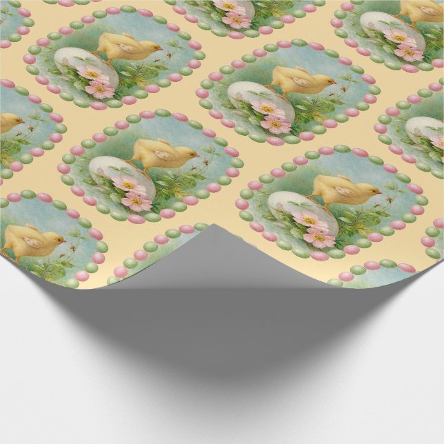 Springtime Chick with Pastel Egg Border Wrapping Paper (Corner)