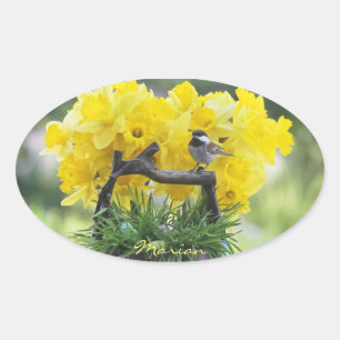 Springtime chickadee oval sticker
