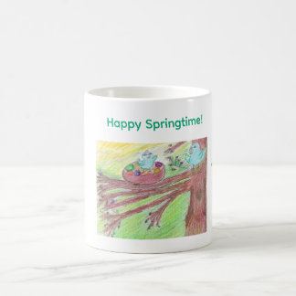 Springtime coffee mug with baby and mother bird