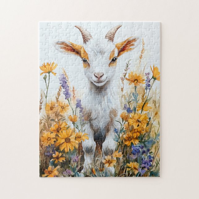 Springtime Goat Kid Yellow Wildflowers Jigsaw Puzzle (Vertical)