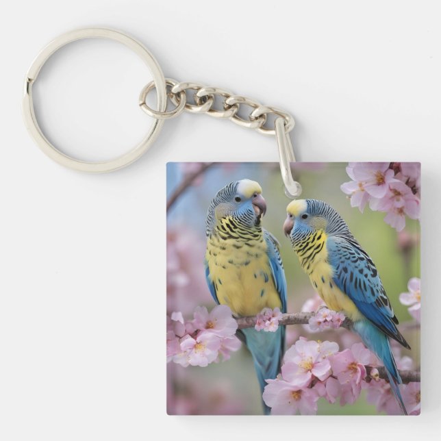 Springtime Harmony: Blue and Yellow Budgies  Key Ring (Front)
