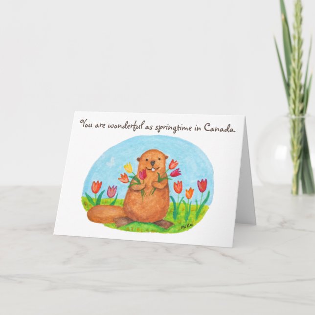 Springtime in Canada Beaver with Tulips Canadian Card (Front)