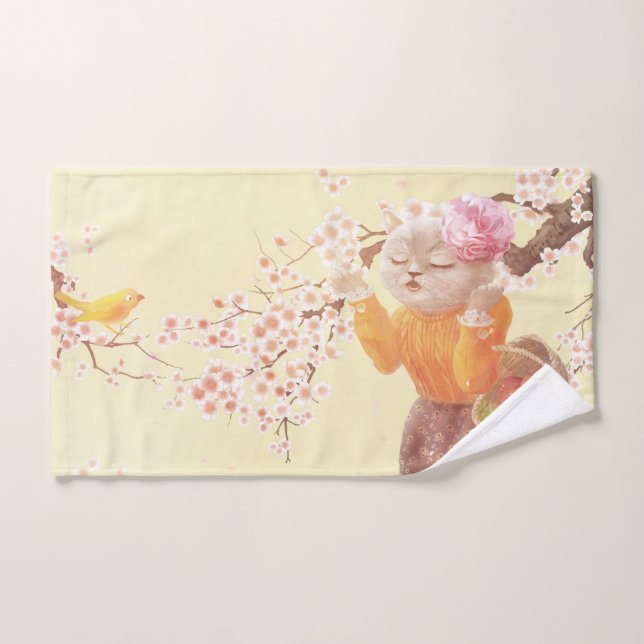 Springtime Melody: Miss Meow Singing Under Sakura Hand Towel (Hand Towel)