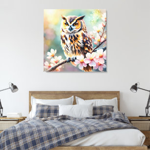 Springtime Owl, pink blossoms Canvas Print