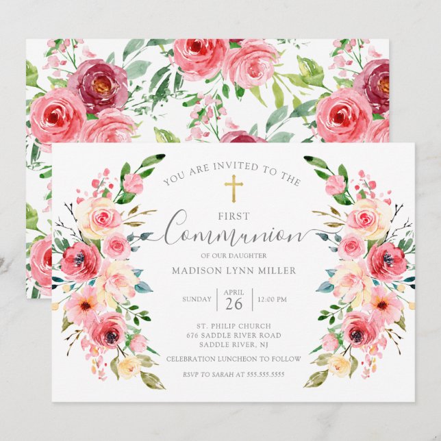 Springtime Peonies Floral First Communion Invitation (Front/Back)