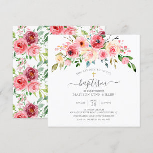 Springtime Peonies Rose Floral Baptism Invitation