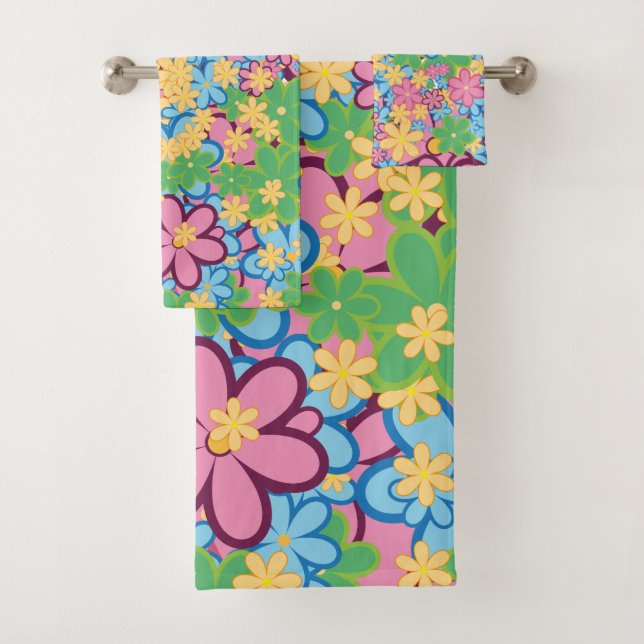 Springtime Summer 60s Flower Pattern Bath Towel Set (Insitu)