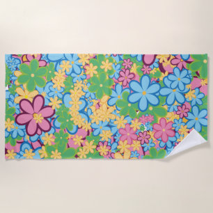 Springtime Summer 60s Flower Pattern Beach Towel