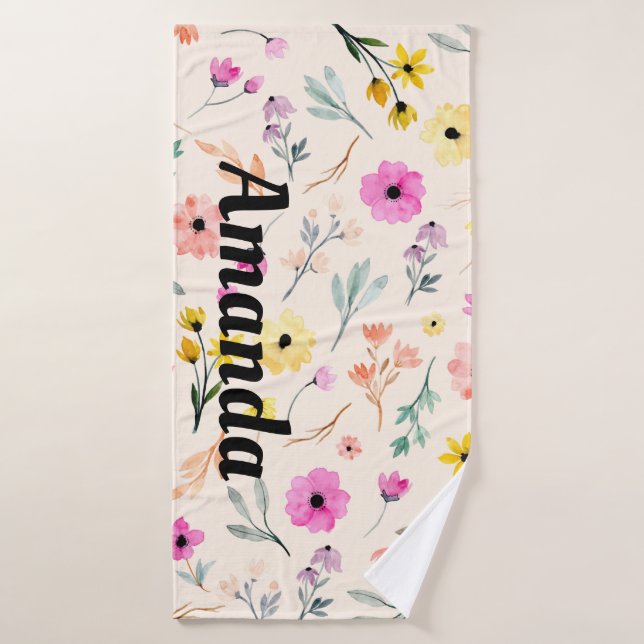 Springtime Watercolor Floral Personalised Name Bath Towel (Bath Towel)