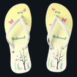 Springtime Wedding Bridesmaid Flip Flops<br><div class="desc">Choose these pretty Bridesmaid flip flops for a special wedding.  Birds are perched in the tree,  butterflies hover,  a duck waddles in the grass. There's a lovely yellow background.  Customise text for your special event.</div>