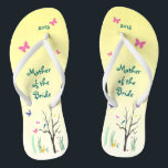 Springtime Wedding Mother of the Bride Flip Flops<br><div class="desc">Choose these pretty Mother of the Bride flip flops for a special wedding.  Birds are perched in the tree,  butterflies hover,  a duck waddles in the grass. There's a lovely yellow background.  Customise text for your special event.</div>