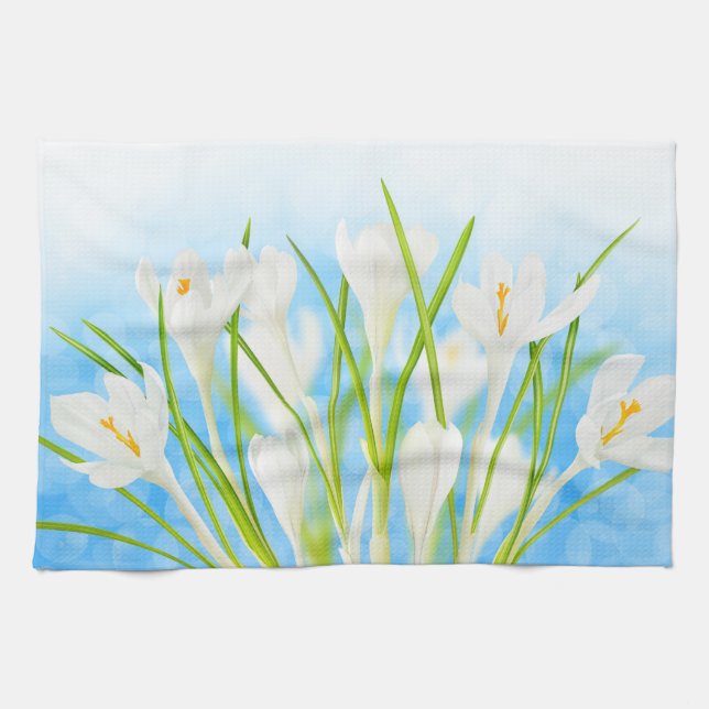 Springtime (white crocuses) tea towel (Horizontal)
