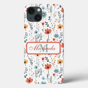 Springtime Wildflowers Pattern, Rust, Tan, Blue iPhone 13 Case