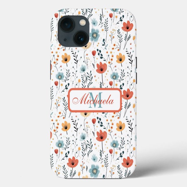 Springtime Wildflowers Pattern, Rust, Tan, Blue Case-Mate iPhone Case (Back)