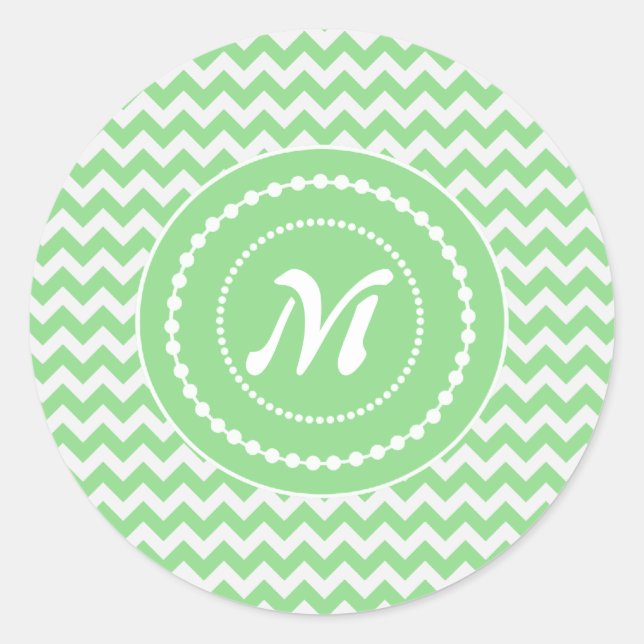 Springy Green Monogrammed Chevron Classic Round Sticker (Front)