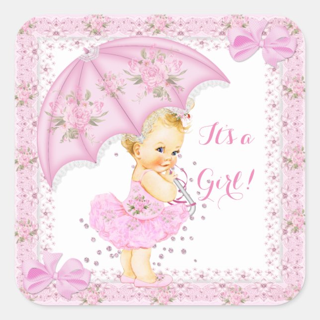 Sprinkle Baby Shower Girl Floral Pink Blonde Square Sticker (Front)