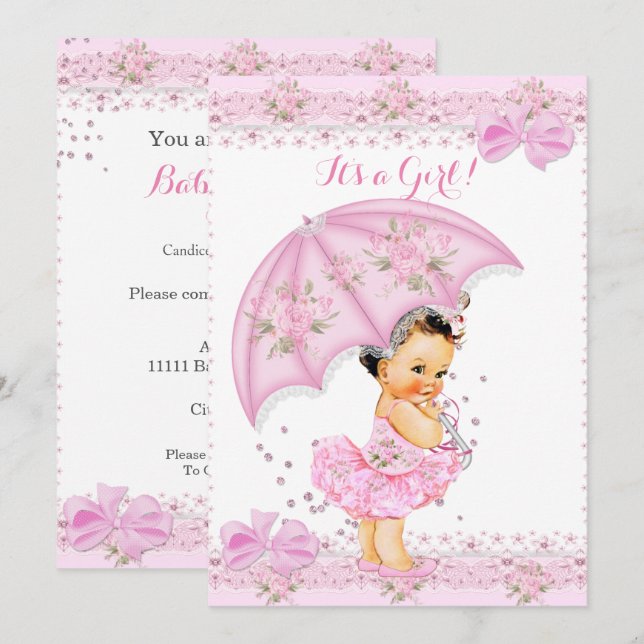 Sprinkle Baby Shower Girl Floral Pink Umbrella Invitation (Front/Back)