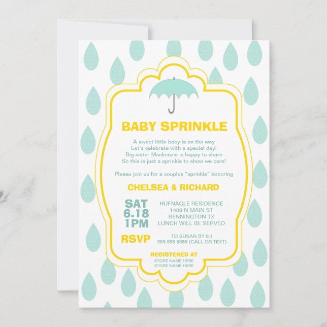 Sprinkle Baby Shower Invites Raindrop teal yellow (Front)