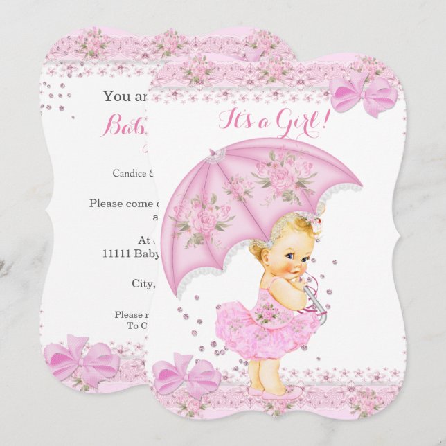 Sprinkle Blonde Baby Shower Girl Floral Pink Invitation (Front/Back)