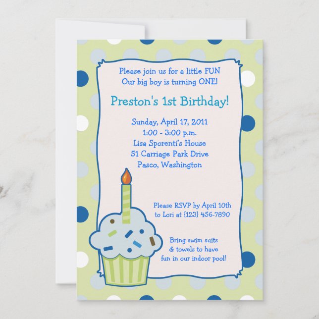 Sprinkle Cupcake 5x7 Boy 1st Birthday Invitation (Front)