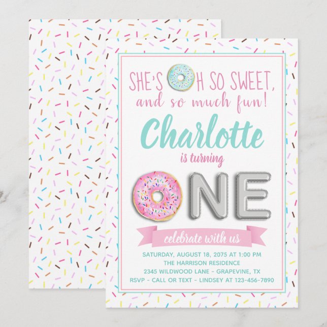 Sprinkle Doughnut Foil Balloon First Birthday Part Invitation (Front/Back)