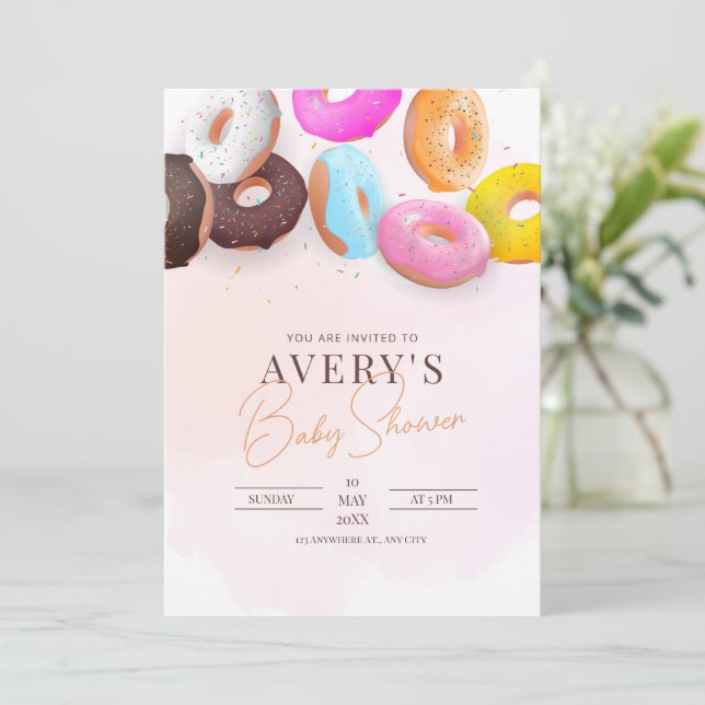 Sprinkle Doughnuts Baby Shower Pink Girl Baby Show Invitation (Standing Front)
