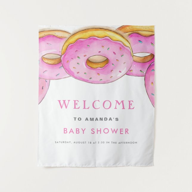 Sprinkle Doughnuts Watercolor Pink Baby Shower Tapestry (Front)